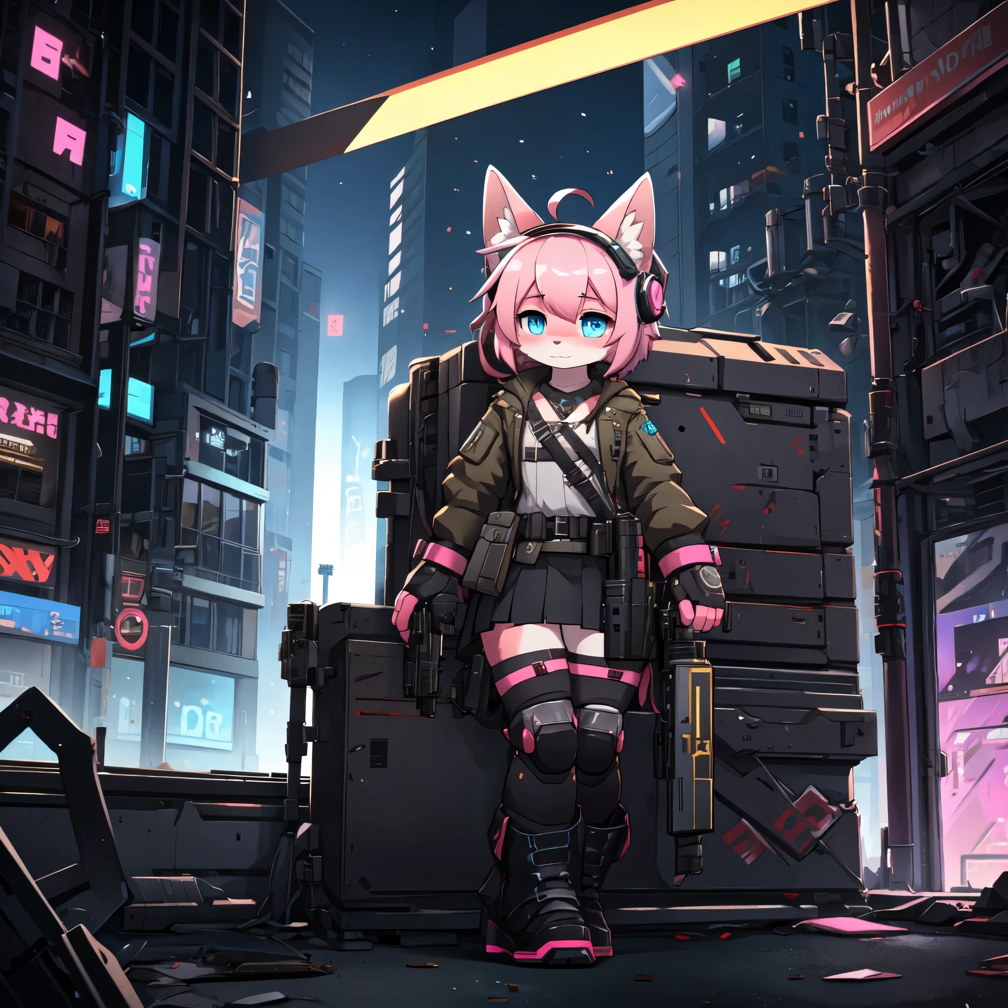 Kawaii, pink striped Fluffy Fox, Pink hair, Blue Eyes, heterochromia, Solo, body fur, on the night deserted city with ruins, synthetic tissue skin, cybernetic prosthetics, cybernetical servo prosthetic legs, digital headphone with HUD, mech suit, mech body parts, cybernetical prosthetic arms, blush, is shy, emaciated, white over-sized long blouse with ribbons, Brown Thick Pantyhose, black tennis skirt with neon, Grey long Sleeve loose Military hood jacket, tactical gun holsters in thigh, Mechanical boots, only one fluffy tail, metallic knee pads, tactical belted loose Arm Sleeves, Digital Screened gloves, chest rigs, tactical belts, Blue archive halo, glock18c holded on left hand,