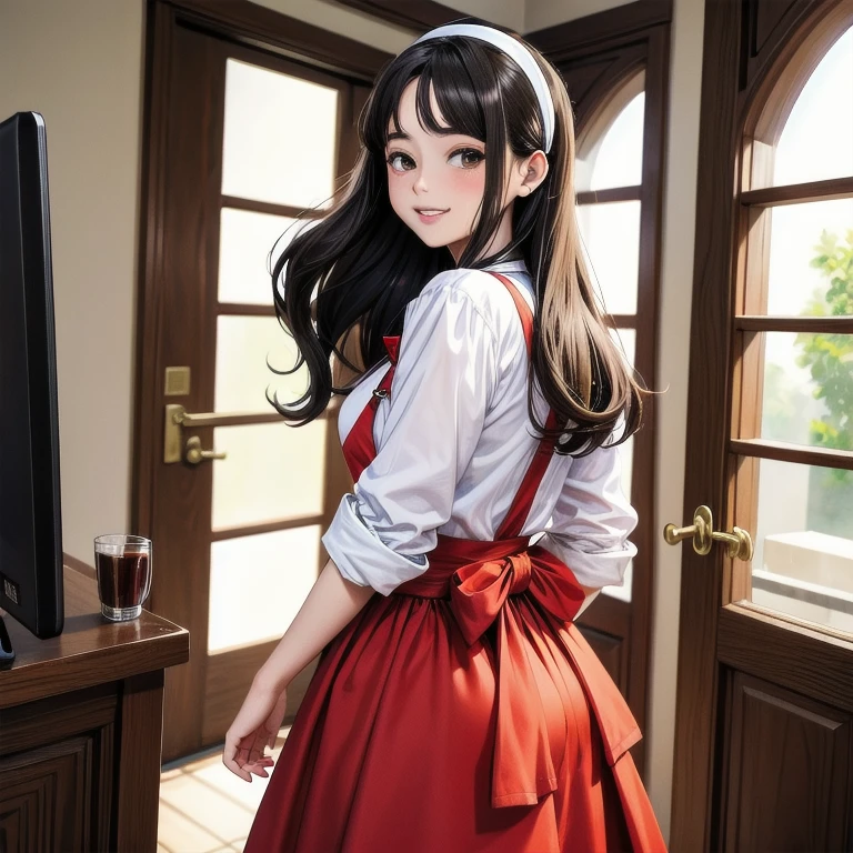 work of art,best qualityer,アニメ,(2d:1.2),Inside the house, ,  1 girl, roswaal mansion housekeeper uniform, standing alone, housekeeper, cyan blue eyes, shorth hair,弓 hairband, hair between the eyes, detached sleeves, gazing at viewer, Red hair band,cinta, bangss, looking back, 弓, hair orange,red cinta, black sleeves, window, long sleeves, apron, white 弓, volantes,cinta trim,drlight smile, own hands together,