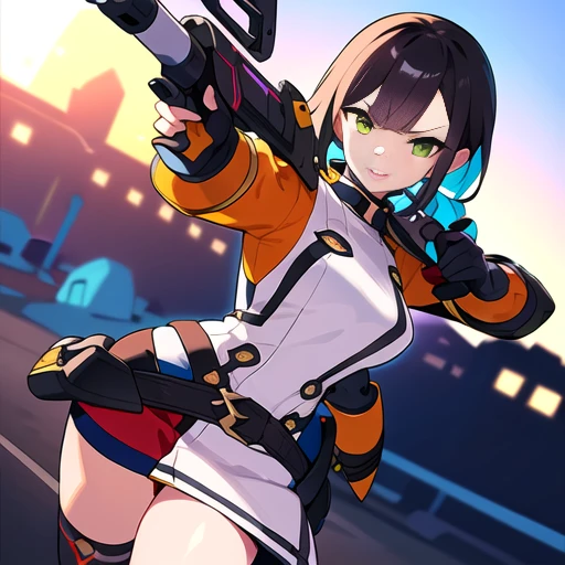 colorful , masterpiece, best quality, 1girl, weapon, solo, fantasy weapon, ((blurry background)), orange, green, violet, brown, white, (((low detail background))), dutch angle, combat,
