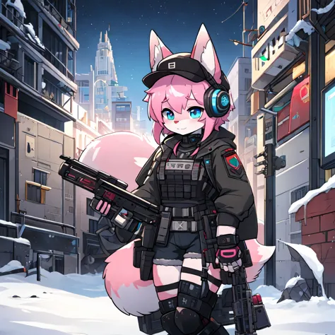 cute, pink striped fluffy fox, pink hair, left eye is red, right eye is blue, heterochromia, alone, body fur, Deserted city with...