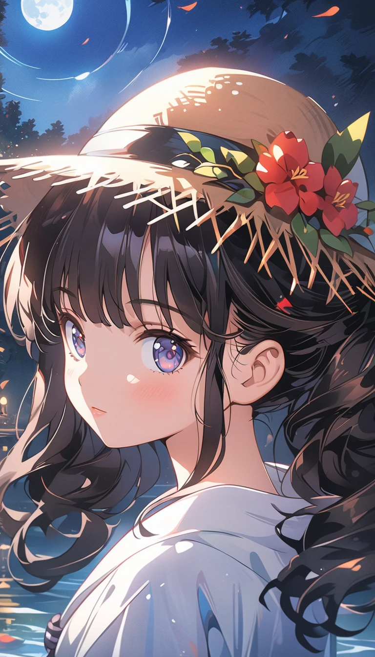 Anime girl with long black hair wearing a straw hat, Small breasts, Anime Style 4k, beautiful anime portrait, Anime Moe Art Style, anime art wallpaper 4k, anime art wallpaper 4k, High quality anime art style, Anime style portrait, Gweitz, artwork in the style of Gweitz, Detailed digital anime art, Anime Art Wallpapers 8K, Cute Anime Girl Portrait, Moonlit Night, whole body