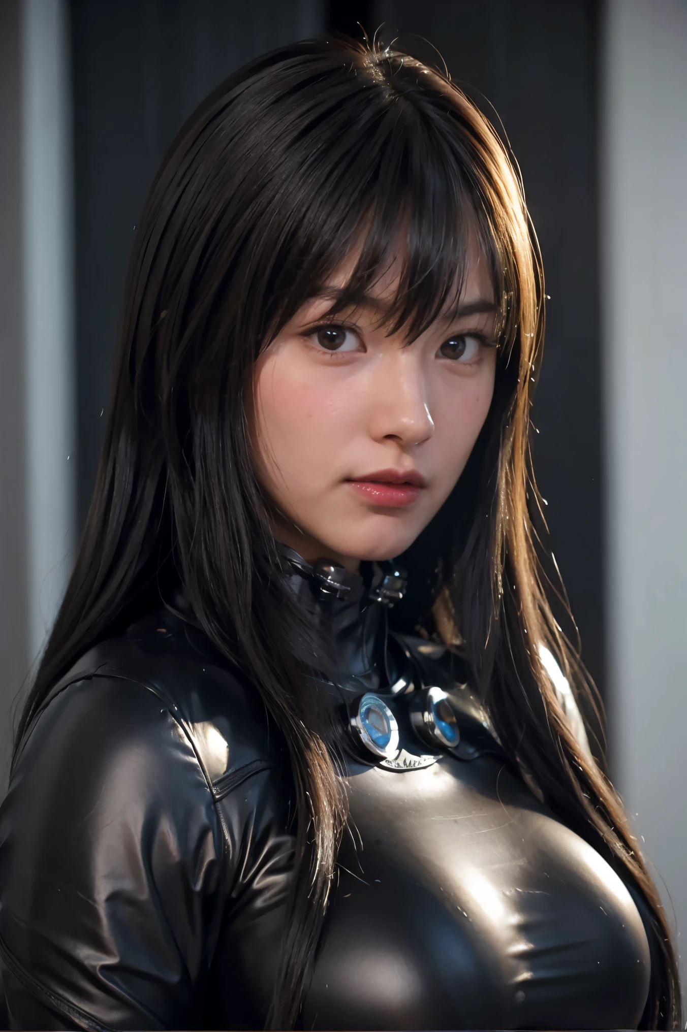 put hands cheek,(embarrassed face:1.4),(blush:1.4),reika\(gantz black suit\), (8k, best quality, masterpiece:1.2), (realistic, photo-realistic:1.37), large breasts,ultra-detailed, 1 girl,cute, solo, sad, beautiful face, black eyes,in room,looking at viewer