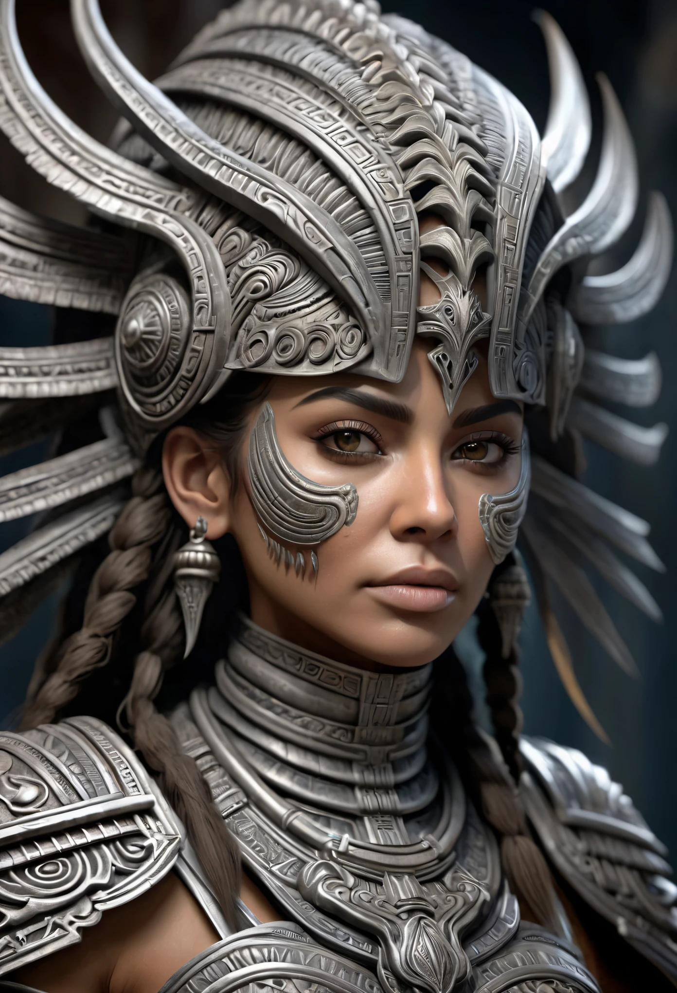 female aztec warrior, steel armor, (Artstation:1.1), (intricate:1.1), solo, female, looking at viewer, photorealistic, 8k, unreal engine, inspired by HR Giger, half body portrait, highly detailed,