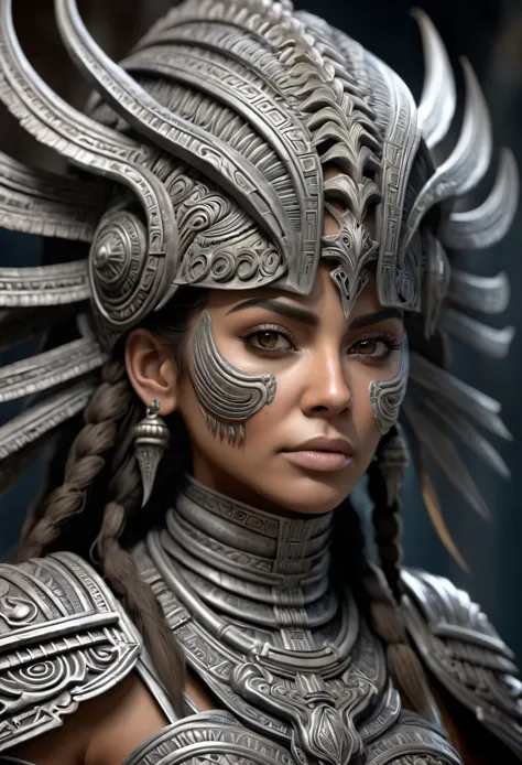 female aztec warrior, steel armor, (Artstation:1.1), (intricate:1.1), solo, female, looking at viewer, photorealistic, 8k, unrea...