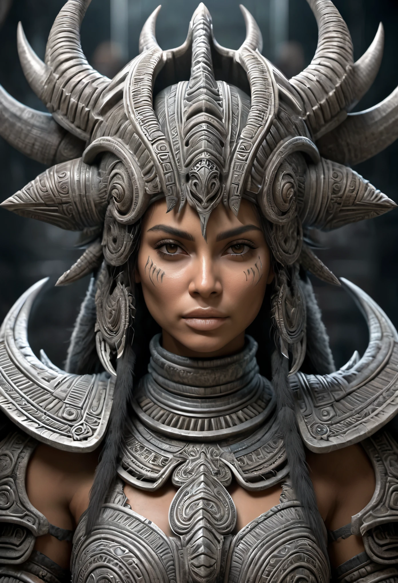 female aztec warrior, steel armor, (Artstation:1.1), (intricate:1.1), solo, female, looking at viewer, photorealistic, 8k, unreal engine, inspired by HR Giger, half body portrait, highly detailed,