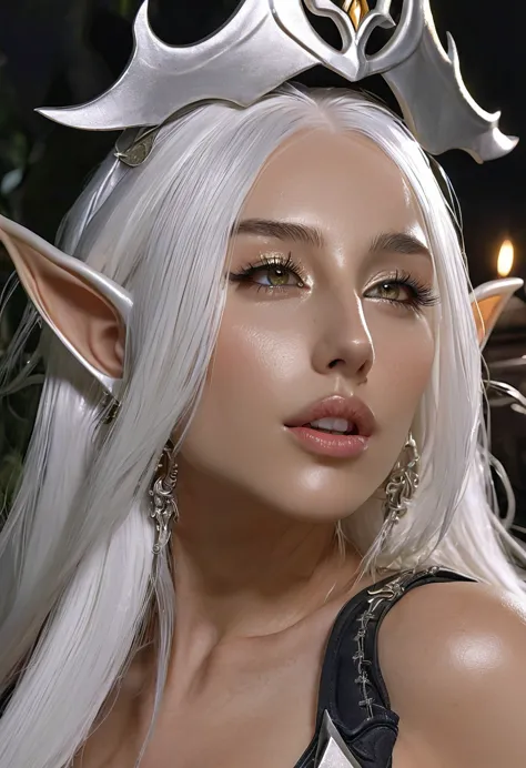 elf ,white eyebrows, eyelashes, curved mouth expression, smooth skin, long luscious platinum white hair, short ears, earrings, f...