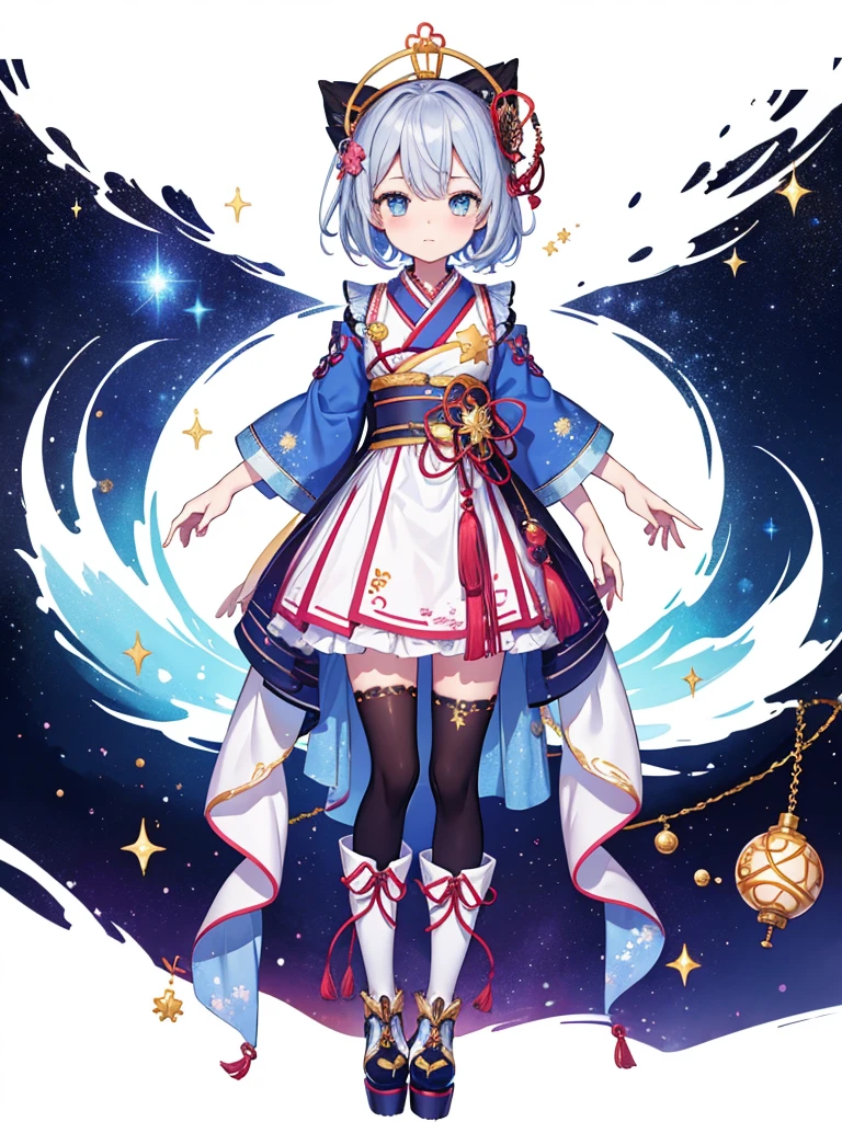 1girl、vtuber-fullbody、Star Fairy、Masterpiece、Official Art、Super detailed、super beautiful、かわいいStar Fairy、white straight short hair、Milky Way、universe、star charm、Star、Baby Face、Knee-high boots、kimono dresses、浴衣をリメイクしたuniverseを思わせるOiranフリルドレス、Oiran、星とMilky Wayの柄の洋服、