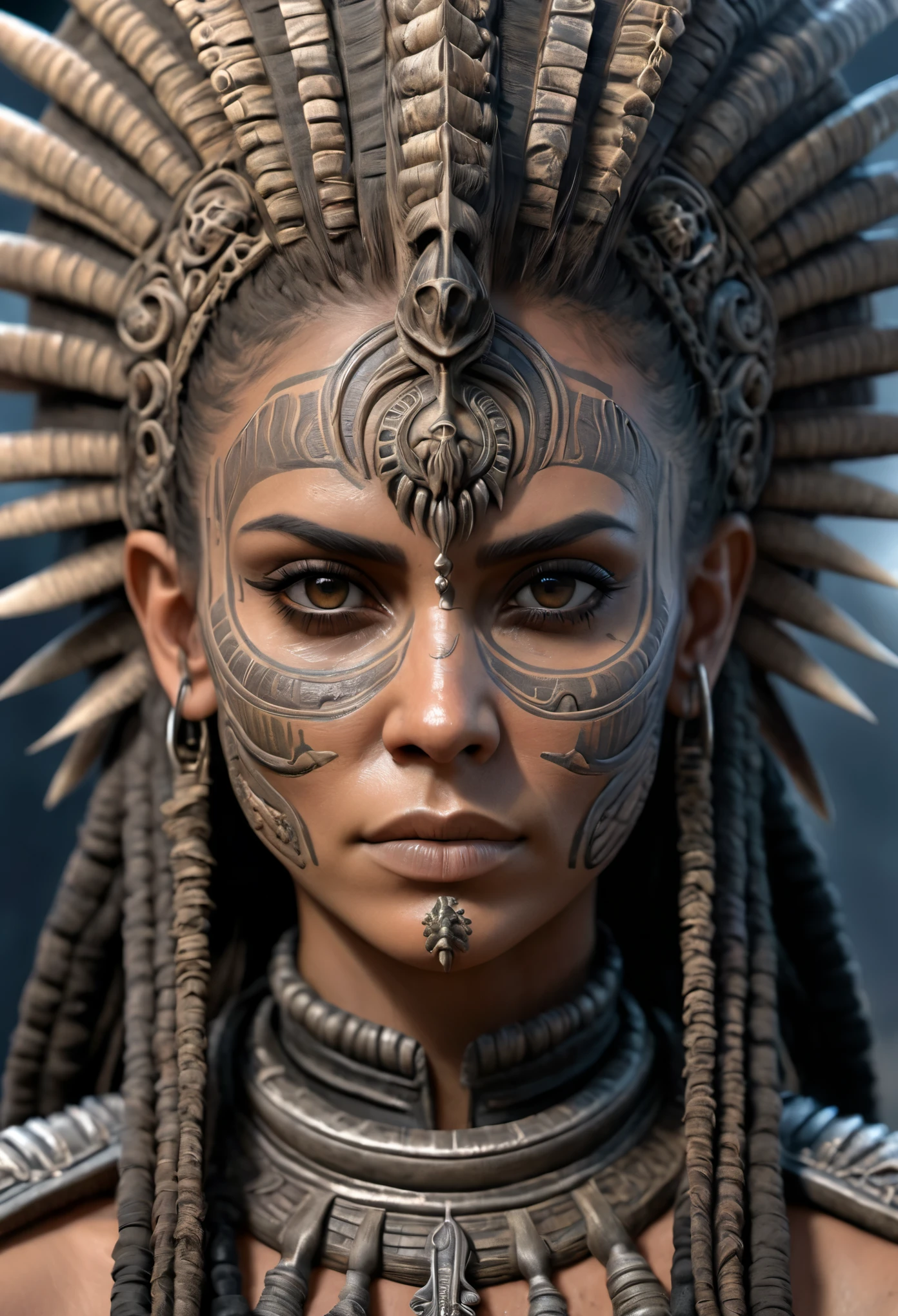 หญิง aztec warrior, สไตล์แมกซ์สุดมันส์, (อาร์ตสเตชั่น:1.1), (ซับซ้อน:1.1), ตามลำพัง, หญิง, มองไปที่ผู้ดู, เหมือนจริง, 8k, เครื่องยนต์ที่ไม่จริง, แรงบันดาลใจจาก HR Giger, ภาพครึ่งตัว, มีรายละเอียดสูง,