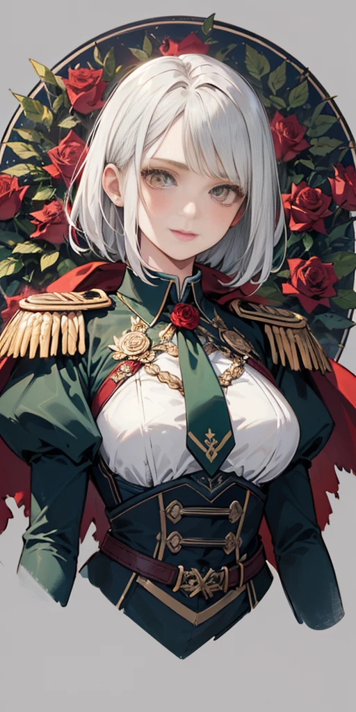 1girl, (grey background:1.2) upper body, white silver hair, short hair, clean forehead, short bob hair style, yellow eyes, detailed eyes, large breasts, green shirt, brown necktie, puffy sleeves, long sleeves, frills, epaulettes, red cape, (roses:1.2), (forest background:1.2), art nouveau, happy, looking down
