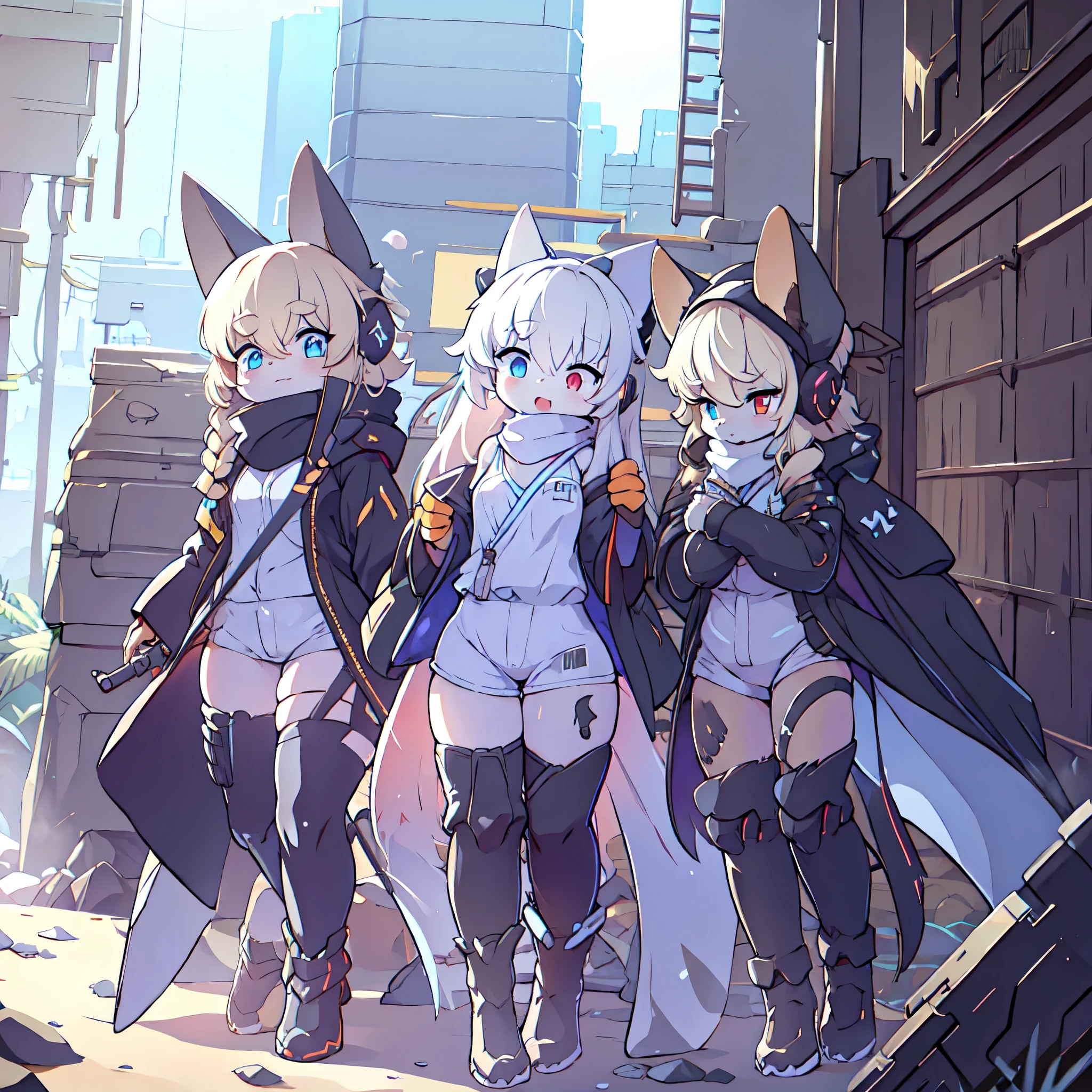 Kawaii, Striped Fluffy Fox, emaciated, long hair, abandoned city with snowing cold weather, 3girls, artificial synthetic skin, life support prosthetics, digital headphones, black tight latex bodysuit, white long dress, thigh-high-socks, shorts, loose off-the-shoulder hood open jacket, holsters in thigh, Mechanical boots, tactical knee pads, tactical belted loose Arm Sleeves, division, cybernetic Display gloves, chest rigs, tactical belts, blue archive halo, bulletproof goggles on forehead, from Ark nights, g41,