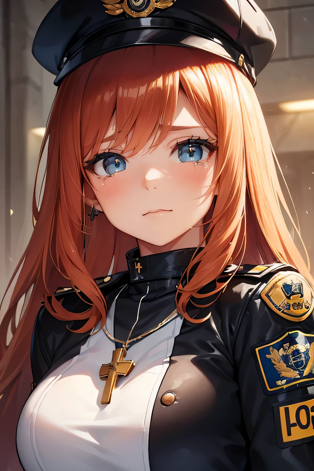 Ginger hair, long hair, straight bangs, police officer, police uniform, woman, illustrations, high-quality, ultra-detailed, realistic, vivid colors, portraits, warm tones, soft lighting. ((Necklace with a cross)). Woman. (police motorcycle) (On police motorcycle) (Sad expression) (tears) (Posing as a model)