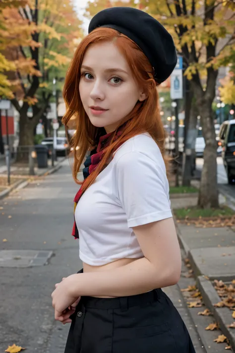 arafed woman with red hair and a black top and a yellow scarf, better known as amouranth, amouranth, wearing a french beret, you...