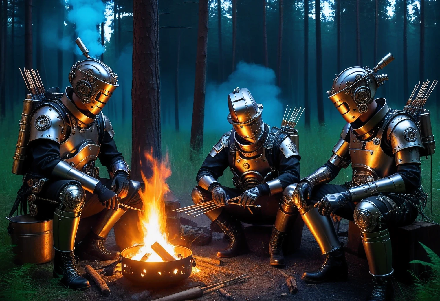 3 個複雜的機器人晚上坐在營火附近的森林裡，用串煎金屬齒輪, 高細節, 賽博格被詳細展示, 蒸氣龐克與高科技的結合, 難的, 花丝, 真實的istic brush strokes, 高纹理平滑度, 真實的, 现存的