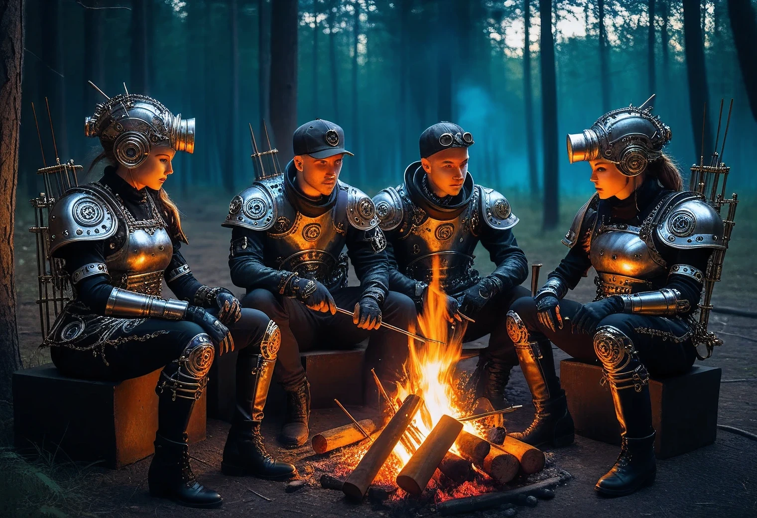 3 complex cyborgs are sitting in the forest at night near Campfire and frying metal gears on skewers, high detail, cyborgs are shown in detail, a combination of steampunk and Hi-tech Tech, difficult, filigree, realistic brush strokes, high texture smoothing, real, existing