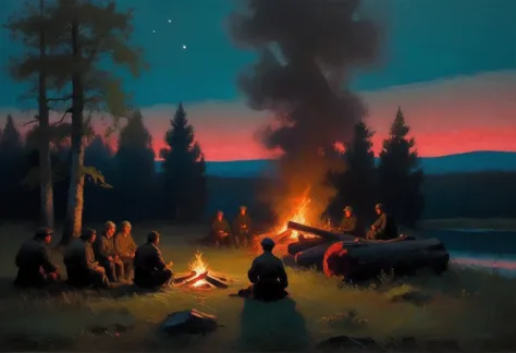 Painting by the artist Arkhip Kuindzhi, Campfire in the night forest, oil on canvas, full compliance with the style of Arkhip Ku...