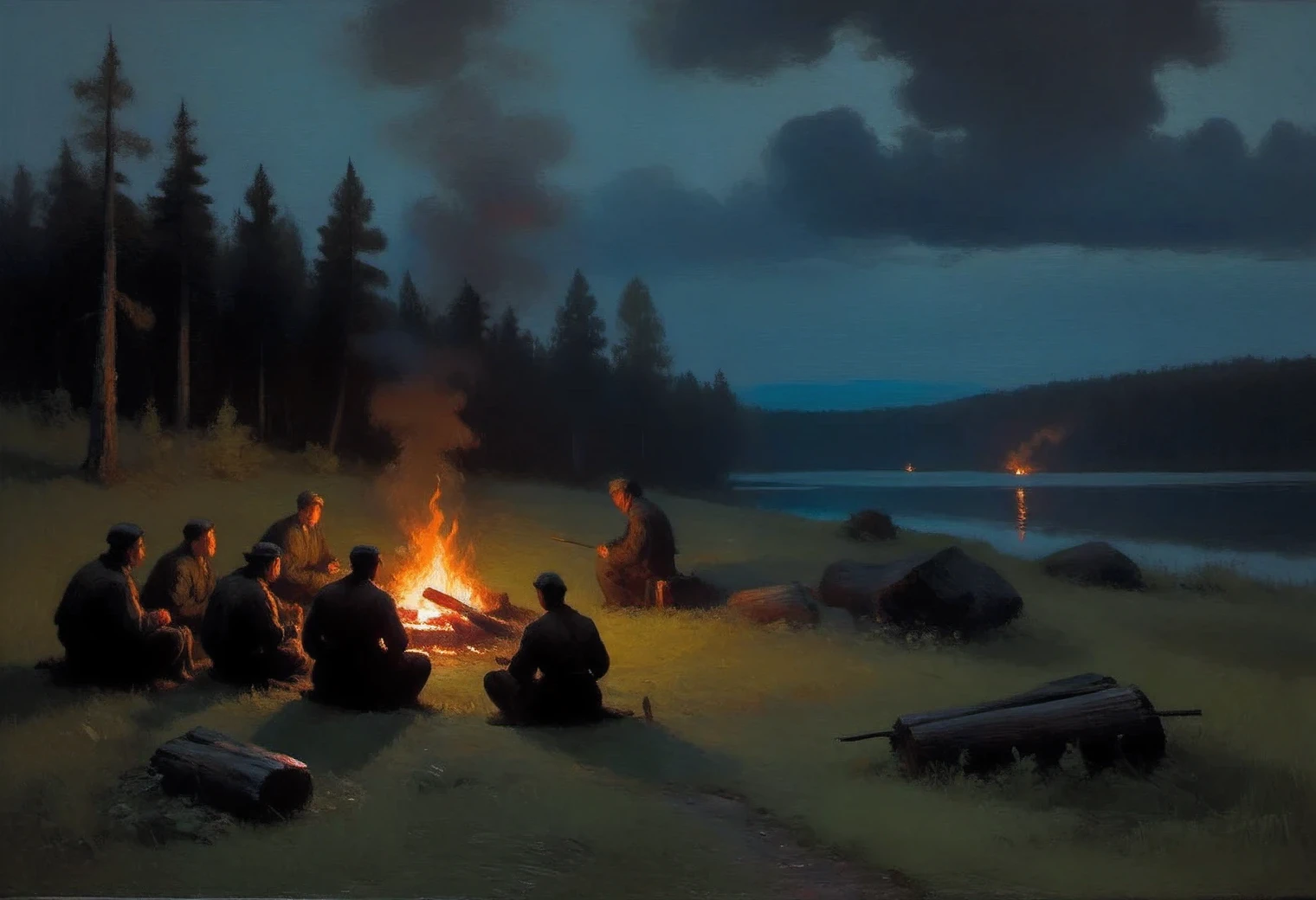 Painting by the artist Arkhip Kuindzhi, Campfire in the night forest, oil on canvas, full compliance with the style of Arkhip Kuindzhi, inspired by Albert Bierstadt, Jacek Jerk