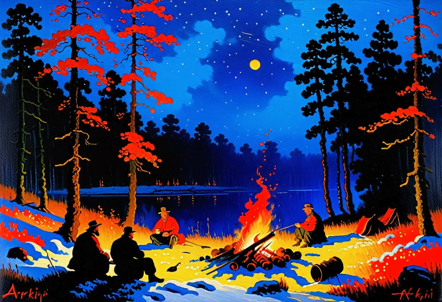 Painting by the artist Arkhip Kuindzhi, Campfire in the night forest, oil on canvas, full compliance with the style of Arkhip Kuindzhi, inspired by Albert Bierstadt, Jacek Jerk