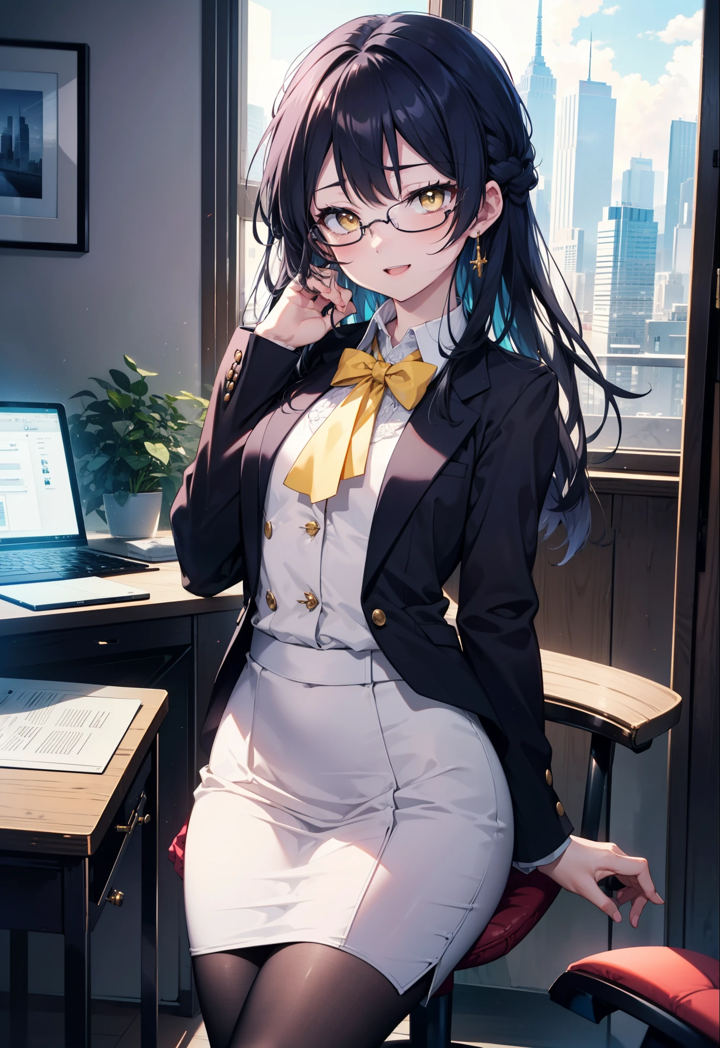 You are very kind, umi sonoda, Long Hair, Blue Hair, (Yellow Eyes:1.5) (Flat Chest:1.2),happy smile, smile, Open your mouth,OL, Akagi glasses, black suit jacket, Collared jacket, White dress shirt, Collared shirt, Neckline, button, Black pencil skirt, Black Pantyhose,Stiletto heels,sitting cross-legged on a chair,interior,There is a computer on the table,touch typing,It&#39;s as if your whole body is in the illustration., break outdoors,city,Area,シティストリート break looking at viewer, (Cowboy Shot:1.5), break (masterpiece:1.2), highest quality, High resolution, unity 8k wallpaper, (shape:0.8), (Beautiful details:1.6), Highly detailed face, Perfect lighting, Highly detailed CG, (Perfect hands, Perfect Anatomy),