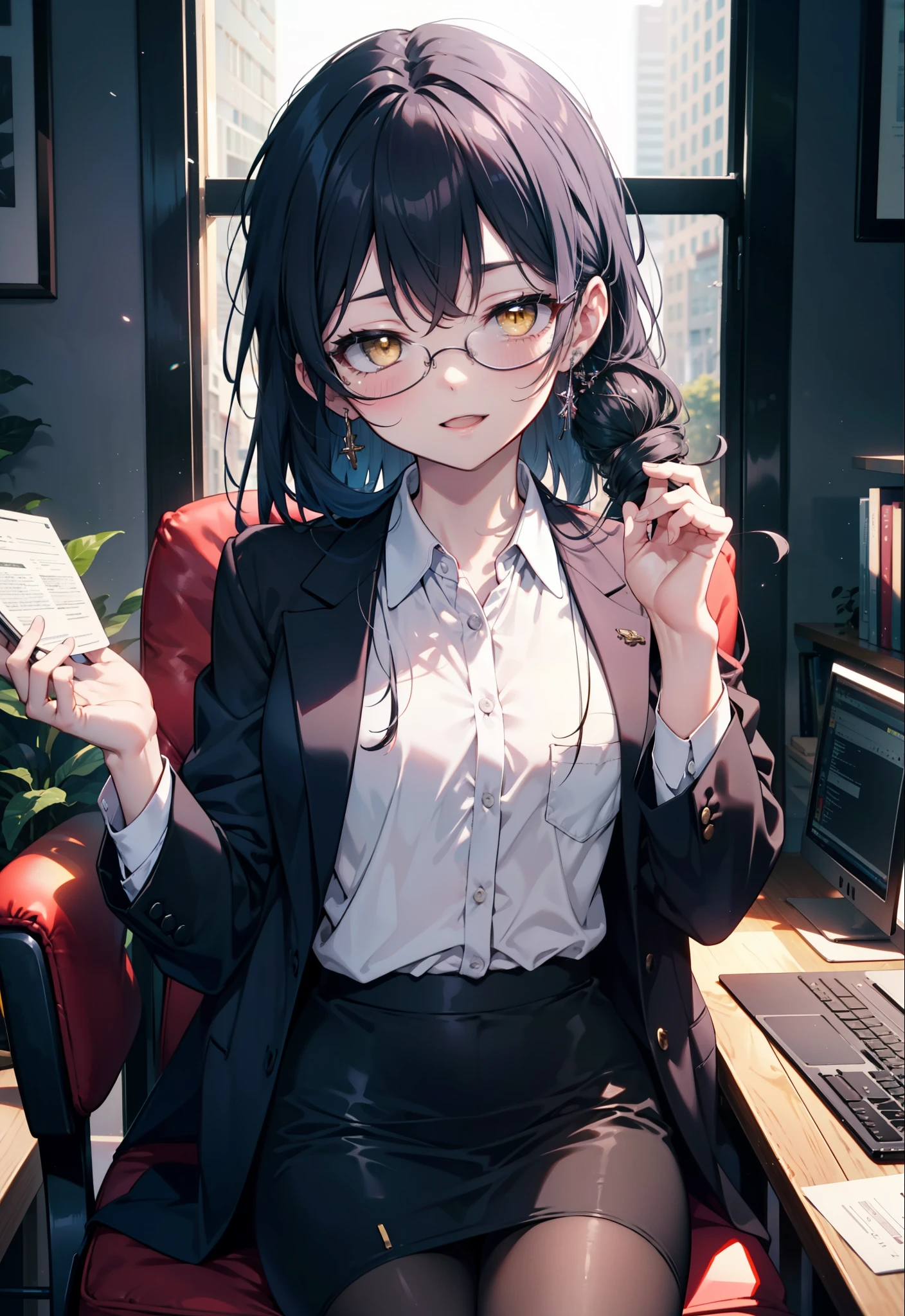 You are very kind, umi sonoda, Long Hair, Blue Hair, (Yellow Eyes:1.5) (Flat Chest:1.2),happy smile, smile, Open your mouth,OL, Akagi glasses, black suit jacket, Collared jacket, White dress shirt, Collared shirt, Neckline, button, Black pencil skirt, Black Pantyhose,Stiletto heels,sitting cross-legged on a chair,interior,There is a computer on the table,touch typing,It&#39;s as if your whole body is in the illustration., break outdoors,city,Area,シティストリート break looking at viewer, (Cowboy Shot:1.5), break (masterpiece:1.2), highest quality, High resolution, unity 8k wallpaper, (shape:0.8), (Beautiful details:1.6), Highly detailed face, Perfect lighting, Highly detailed CG, (Perfect hands, Perfect Anatomy),