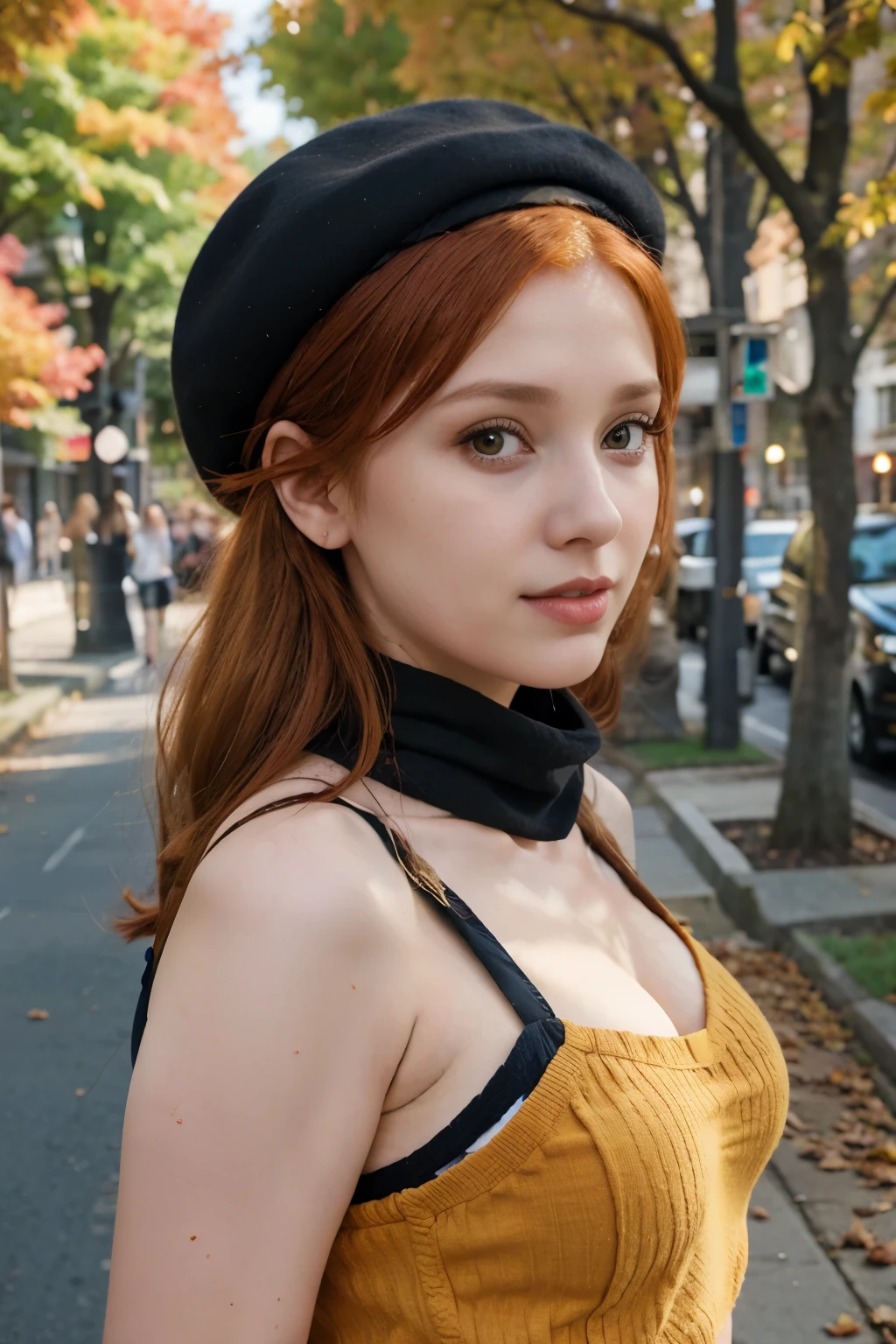 arafed woman with red hair and a black top and a yellow scarf, better known as amouranth, amouranth, wearing a french beret, young beautiful amouranth, an oversized beret, wearing a beret, cute young redhead girl, jovana rikalo, wearing a chocker and cute hat, redhead girl, flowing ginger hair, 🍁 cute