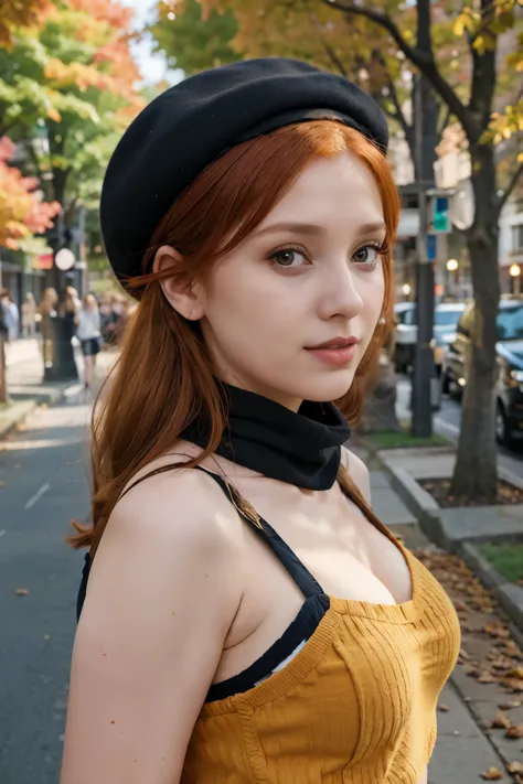 arafed woman with red hair and a black top and a yellow scarf, better known as amouranth, amouranth, wearing a french beret, you...