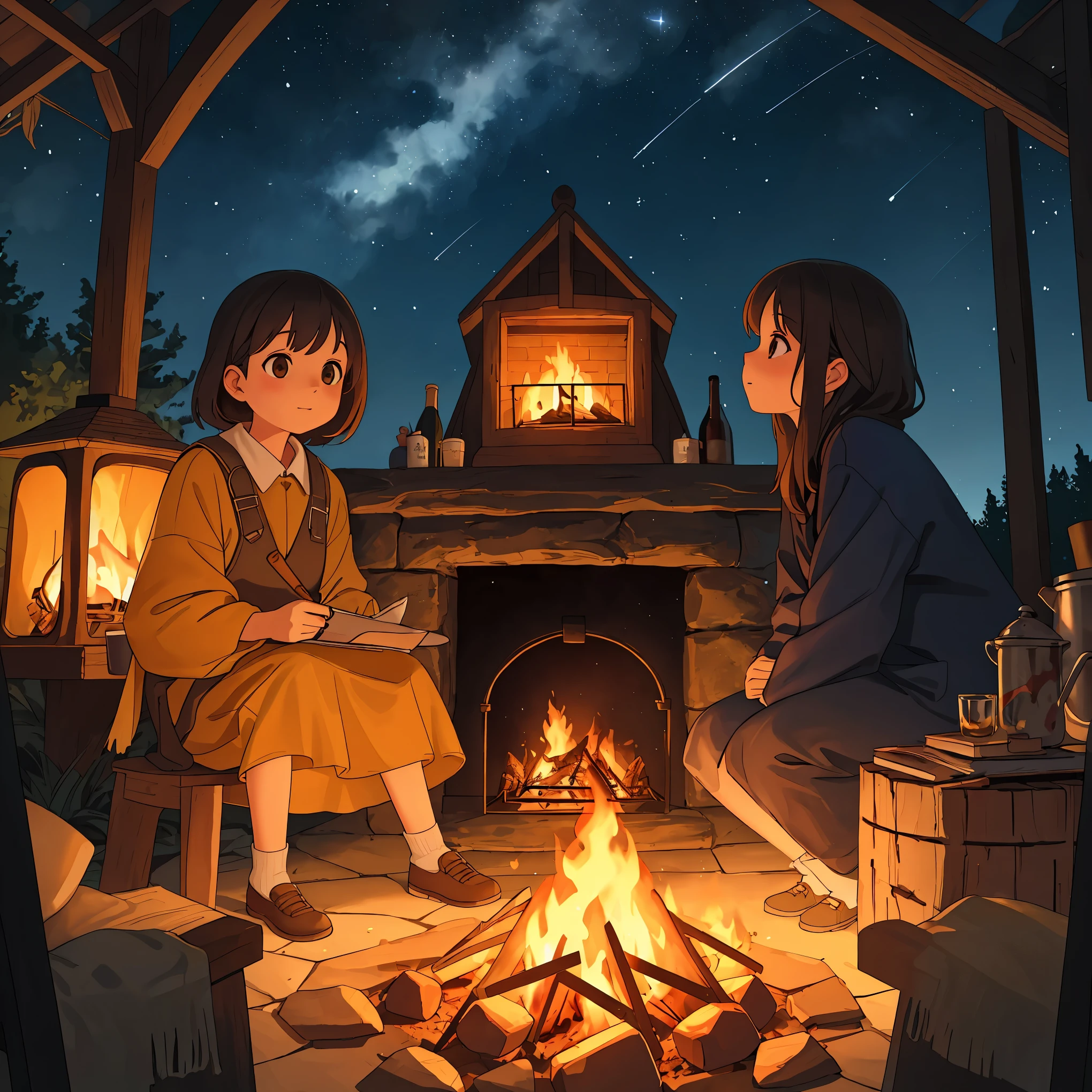 (best quality,4k,8k,highres,masterpiece:1.2),ultra-detailed,realistic,photorealistic:1.37,warm campfire night scene,crackling wood fire,people gathered around,cozy atmosphere,sparkling firelight,night sky full of stars,portraits,painting,horror,realistic colors,warm lighting,stars shining,peaceful ambiance,vivid colors