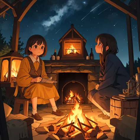 (best quality,4k,8k,highres,masterpiece:1.2),ultra-detailed,realistic,photorealistic:1.37,warm campfire night scene,crackling wo...