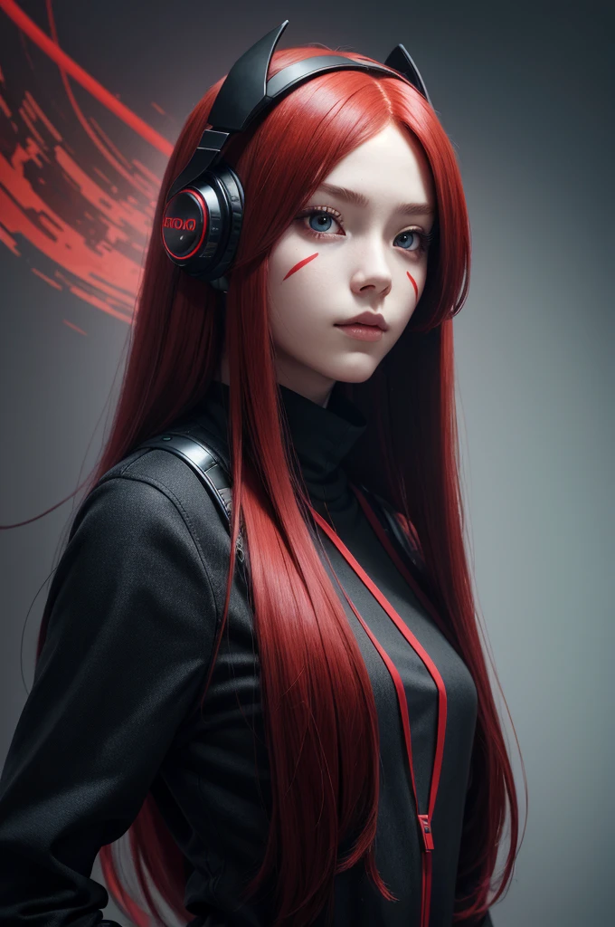 girl with long red hair, red eyes, futuristic vibes, mask on mouth, headphones, 8k, high quality, simple background, glowing eyes, nice pose