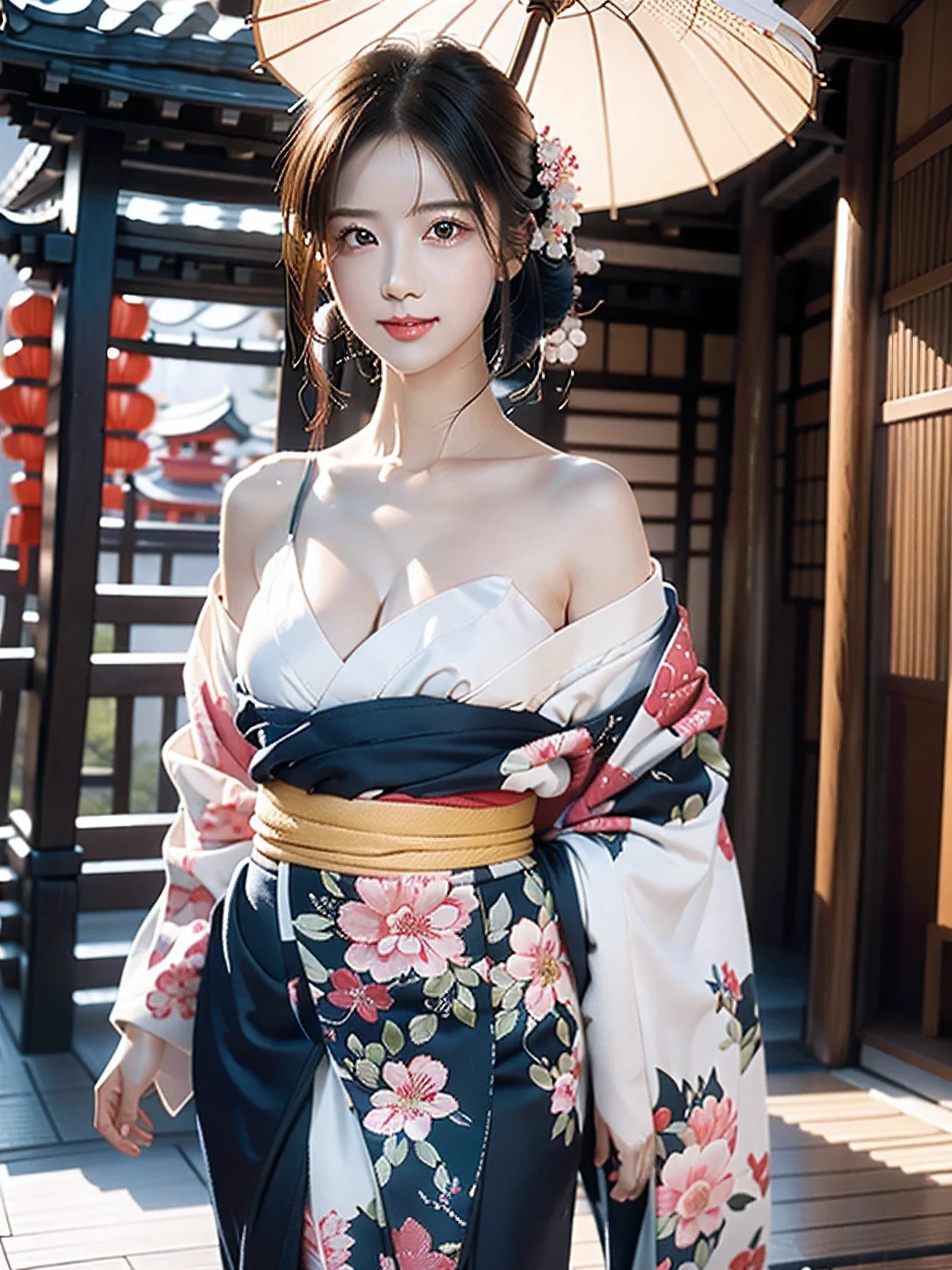 best quality, masterpiece, ultra high res, (photorealistic:1.4), RAW photo ,pale skin,Beauty、kimono、kimono、Beautiful Faces、slender、smile、whole body、Oiran、Show your shoulders、standing, raise one leg, oiran, japanese clothes,beautiful legs, japanese red umbrella,