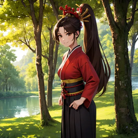 a woman wearing traditional samurai uniform, long brown hair, ponytail hair, long black skirt, in a japanese themed forest, with...