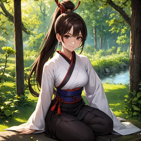 a woman wearing traditional samurai uniform, long brown hair, ponytail hair, long black skirt, in a japanese themed forest, with...