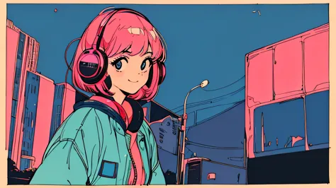 master piece, City Pop style, Pink Hair, fluffy bob cut, alone, (( wearing headphones )), Futuristic, yet, lofi, retro, vintage,...