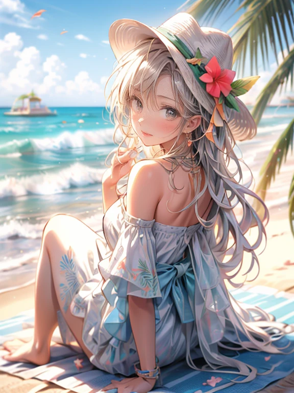 (best quality, highres, 32k , ultra-detailed:1.3, masterpiece:1.2, photorealistic:1.37), enjoying a beach vacation, cute girl ((holding onto an inflatable ring)), crystal white skin, wearing a colorful kawaii swimsuit with ribbon, golden sandy beach, crystal-clear turquoise water, gentle ocean waves, shining sun, cool sea breeze, palm trees swaying, playful seagulls, joyful expression, flowing long hair, smiling face, rosy cheeks, sparkling eyes, sandy toes, beach towel, sunscreen lotion, straw hat, heart-shaped sunglasses, vibrant and lively atmosphere, summer vibes, happy and carefree, carefree laughter, relaxing vacation, colorful beach umbrella, refreshing tropical drink, beach toys, beach ball, shells, sandcastle, footprints in the sand, families and friends having fun, lively beach scene, perfect summer moment, pure joy and happiness, magic of childhood, everlasting memories