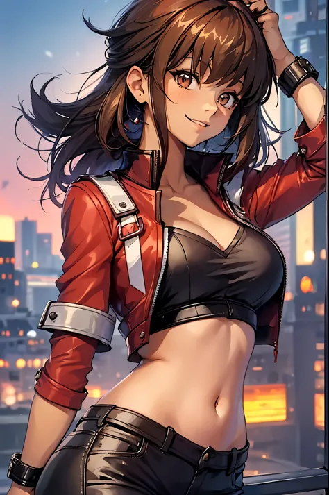 Yuuki Judai, 1girl,(female:1.5), Brown hair, Solo, Red jacket, Bangs, Black shirt, Open jacket, hair between eye, Long hair, Smi...