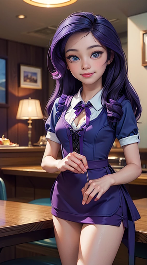 ((best quality)), ((highly detailed)), masterpiece, (detailed eyes, deep eyes), (1girl), dynamic angle, cowboy shot, mlprarity, woman, smile, looking at viewer, ((bright purple hair)), ((blue eyes)), (((waitress uniform))), cleavage, (indoor diner), light purple dress, apron, short skirt, collared shirtwoman, sexy, rosy cheeks, medium breasts, realistic proportions, (((unlacing bodice))), unbuttoned blouse