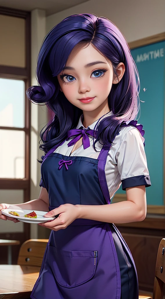 ((best quality)), ((highly detailed)), masterpiece, (detailed eyes, deep eyes), (1girl), dynamic angle, cowboy shot, mlprarity, woman, smile, looking at viewer, ((bright purple hair)), ((blue eyes)), (((waitress uniform))), cleavage, (indoor diner), light purple dress, apron, short skirt, collared shirtwoman, sexy, rosy cheeks, medium breasts, realistic proportions, (((unlacing bodice))), unbuttoned blouse, holding a plate, (((apron))), short sleeves, headband, 