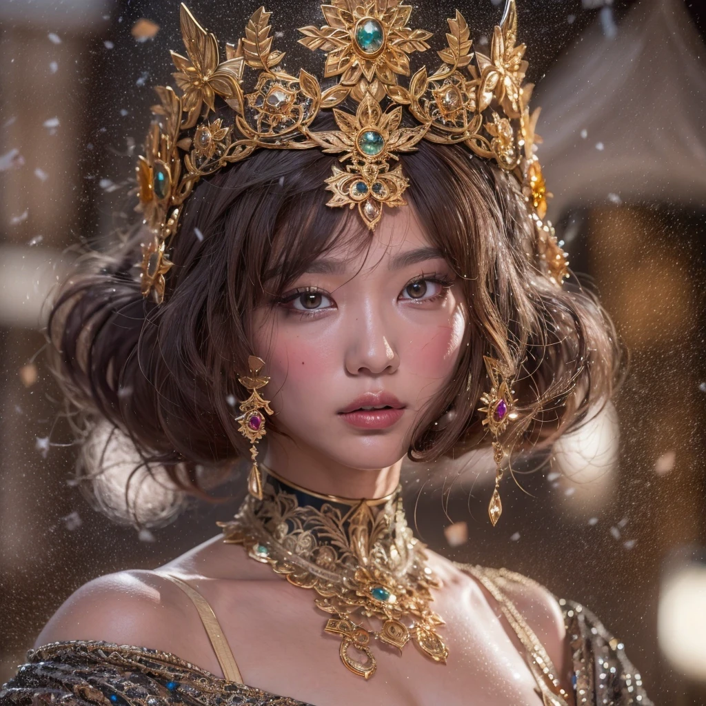 32K（tmasterpiece，k hd，hyper HD，32K）Short burgundy hair，Gold jewelry area in the back room，Flame Girl ，Yao Lang protector （realisticlying：1.4），Python pattern robe，Purple-pink tiara，Snowflakes fluttering，The background is pure，Hold your head high，Be proud，The nostrils look at people， A high resolution， the detail， RAW photogr， Sharp Re， Nikon D850 Film Stock Photo by Jefferies Lee 4 Kodak Portra 400 Camera F1.6 shots, Rich colors, ultra-realistic vivid textures, Dramatic lighting, Unreal Engine Art Station Trend, cinestir 800，Hold your head high，Be proud，The nostrils look at people，Short burgundy hair