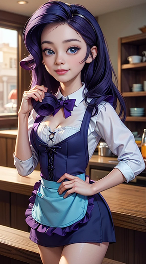 ((best quality)), ((highly detailed)), masterpiece, (detailed eyes, deep eyes), (1girl), dynamic angle, cowboy shot, mlprarity, woman, smile, looking at viewer, ((bright purple hair)), ((blue eyes)), (((waitress uniform))), cleavage, (indoor diner), light purple skirt, apron, short skirt, collared shirtwoman, sexy, rosy cheeks, medium breasts, realistic proportions, (((unlacing bodice))), unbuttoned white blouse, holding a plate, (((apron))), short puffy sleeves, headband, hand on hip