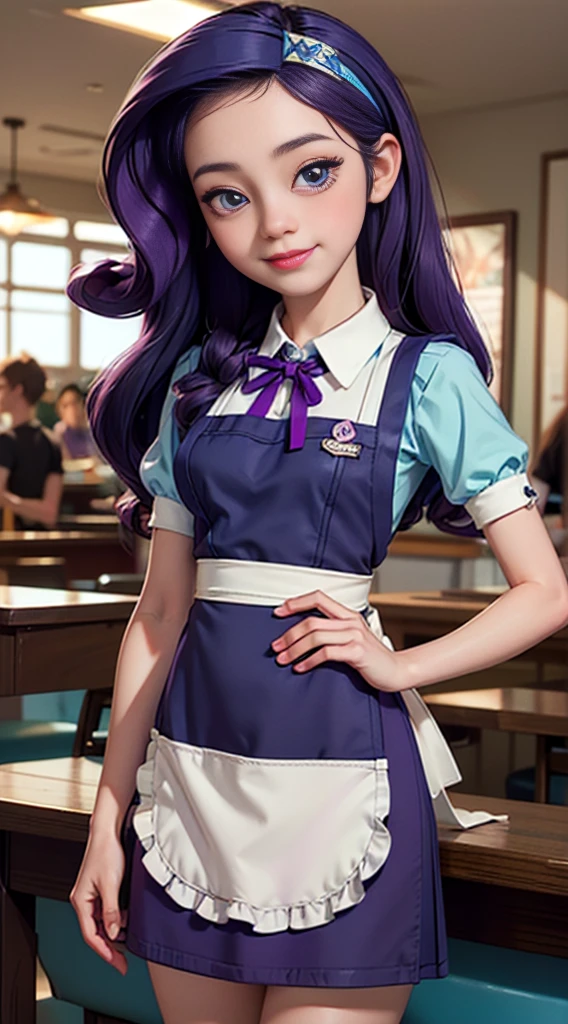 ((best quality)), ((highly detailed)), masterpiece, (detailed eyes, deep eyes), (1girl), dynamic angle, cowboy shot, mlprarity, woman, smile, looking at viewer, ((bright purple hair)), ((blue eyes)), (((waitress uniform))), cleavage, (indoor diner), light purple skirt, apron, short skirt, collared shirtwoman, sexy, rosy cheeks, medium breasts, realistic proportions, (((unlacing bodice))), unbuttoned white blouse, holding a plate, (((apron))), short puffy sleeves, headband, hand on hip