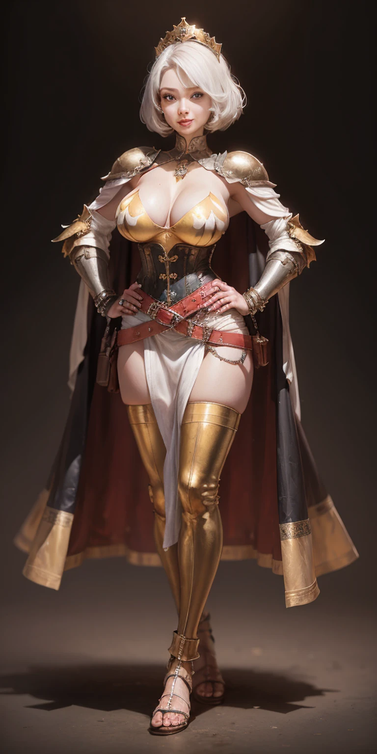 ((BLACK BACKGROUND 1:2, masterpiece)) 1solo female full body MILF BIMBO standing straight symmetrical with two long thighs and two metal sandals, 
red eyes like rubies, eye focus looking to the viewer, silver white hair, short bob style hair, 
big knockers breastplate, breastplate, cleavage, 
tiara royal, 
long cape up to two feet, 
yellow bikini (yellow tiger stripes), 
lustful smirking smiling, smile face (red blushed, red cheeks), 
pauldrons metal shoulders, gold sleeveless bracelets, separate sleeves, hands on waist hands OR hips, golden bracers, metal handcuffs, 
leather corset, red loincloth, 
black leather choker slave collar, shackles bracelets, 
slave red crest under navel, navel, big belt around waist OR hips,
feet together, metal ankle, two long thighs and two metal sandals