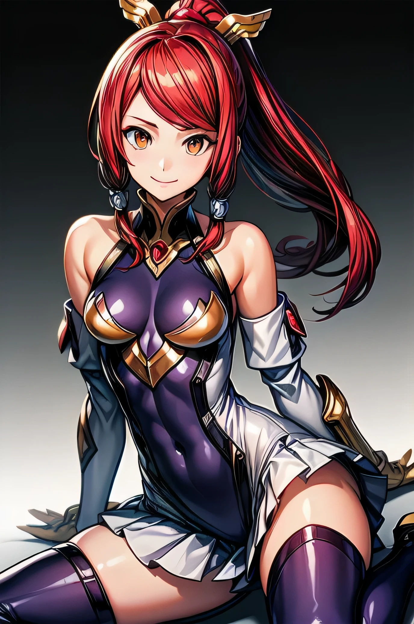  Izayoi (blazblue), orange eyes, red hair, ponytail, long hair, Small breasts, armor, bodysuit, boots, skin tight, skirt, thigh boots, thighhighs, 1girl, solo, facing viewer, looking at viewer, upper body, smile, sitting
spread legs,