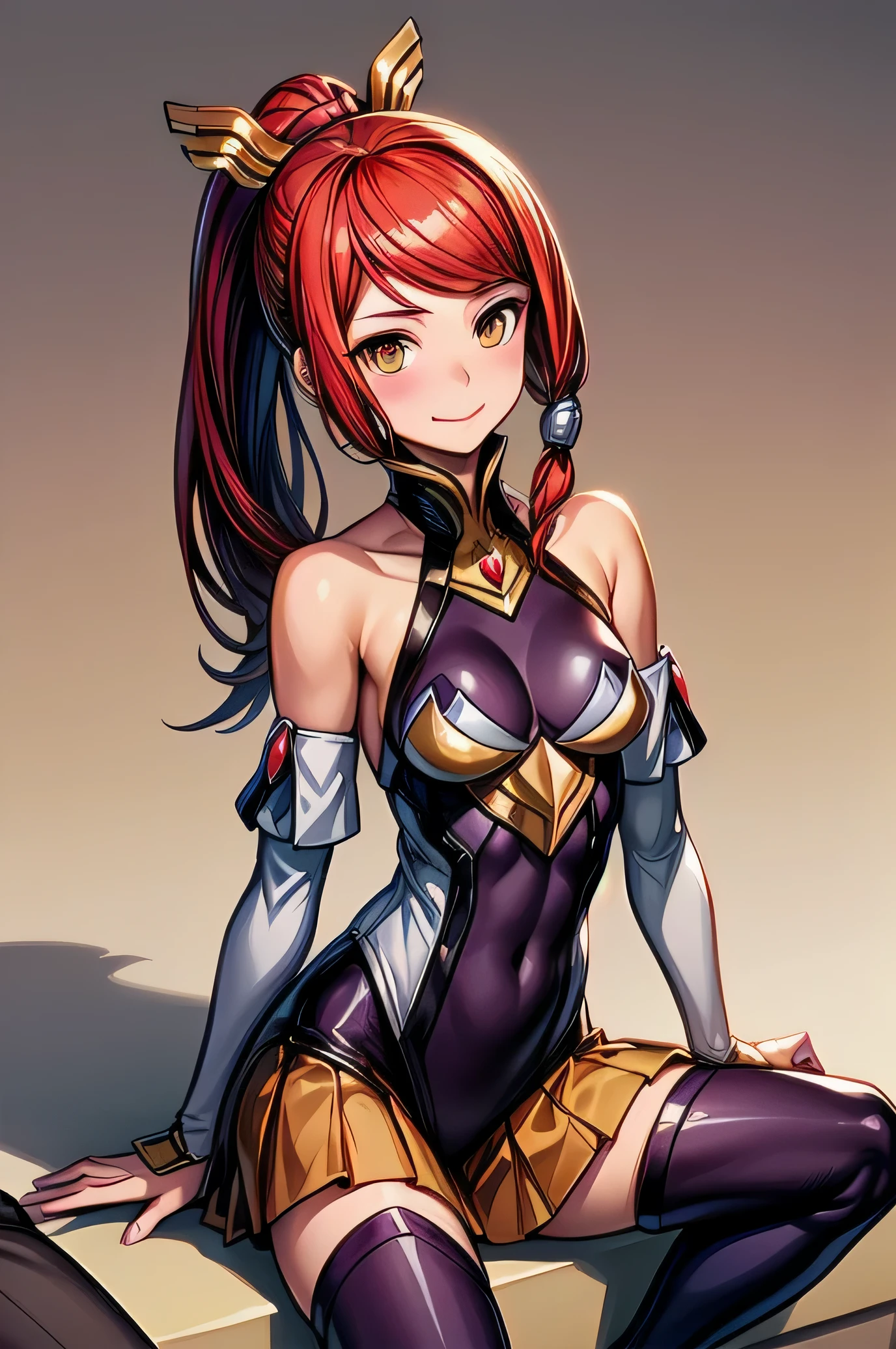  Izayoi (blazblue), orange eyes, red hair, ponytail, long hair, Small breasts, armor, bodysuit, boots, skin tight, skirt, thigh boots, thighhighs, 1girl, solo, facing viewer, looking at viewer, upper body, smile, sitting
hetero, couple,1boy, looking at another, blushing, romantic