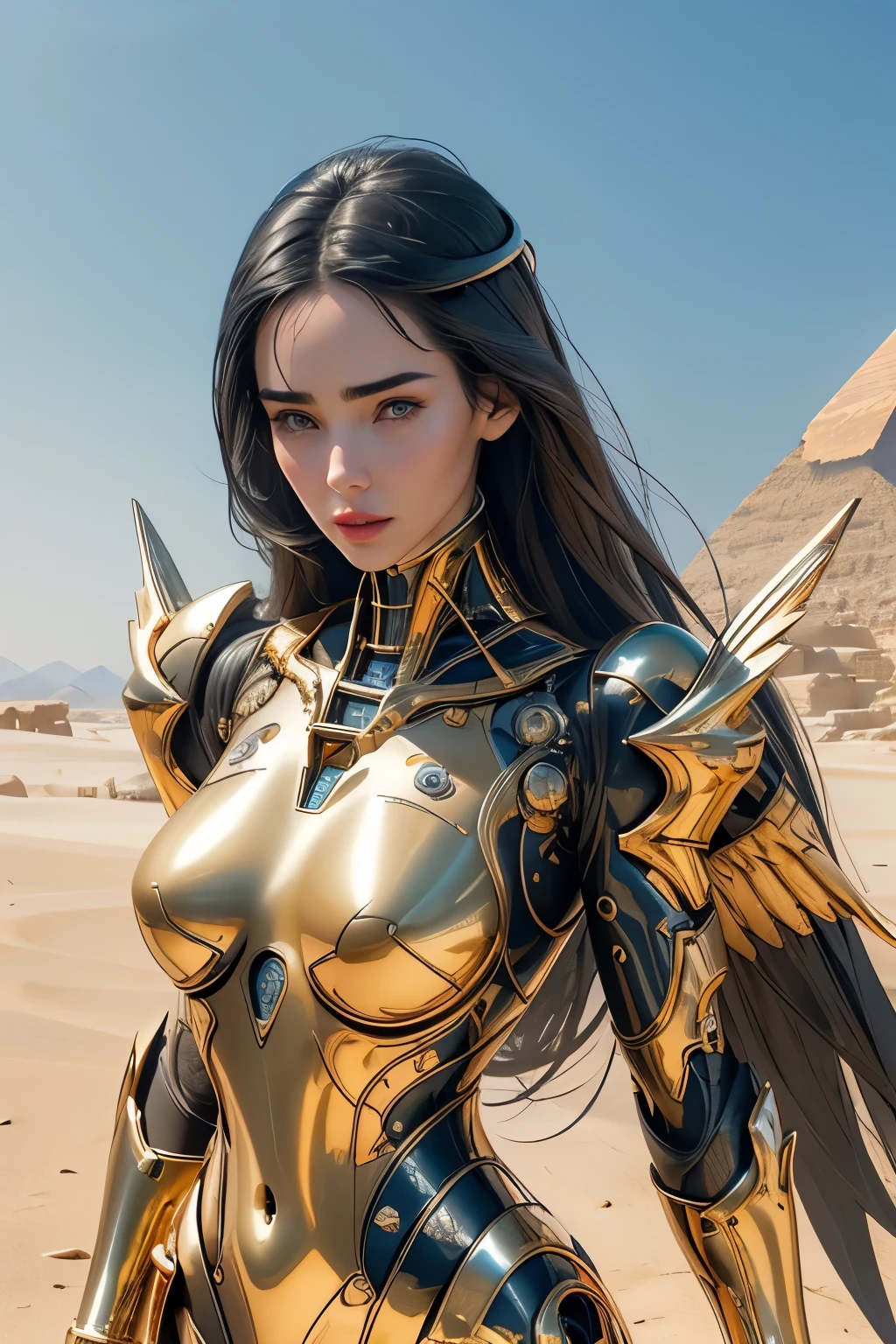 JENNIFER CONNELLY,When you were a young woman,She wears red lipstick,long straight hair,black hair,แต่งกายด้วยชุดของเทพEgyptโบราณสีดำ, realistic skin, incredible light, ultra realistic,complicated, Sharp focus, Ray Tracing, rtx, Professional color grading, Professional photography, Masterpiece, very detailed, High quality, best quality, 4k, 8k, raw , regeneration of the skin, big breasts,She breast size is M cup, full body, she very sexy, she have perfect body, she so beautifully,She have good eyes,She is full of charm,close up,sky,เธออยู่ที่pyramid,Egypt,desert,pyramid,The sun shines,The sky is clear.,((Shiny metallic black cybernetic body)) cyberpunk,Sci fi,technology,golden iron wings,have wings,Large wings,blue jewelry,sparkling eyes