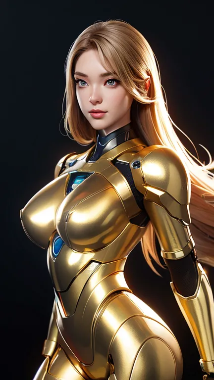 medium long body shot of beautiful cyborg girl in shiny gold armor suit, beautiful cyborg girl pinup, cute cyborg girl, hyperrea...