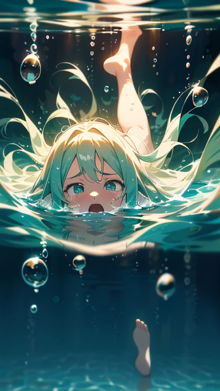 very detailed ,(full body view),[foot focus],anime,masterpiece,(a girl:1.1) ,(diving),(many bubbles gush out of her mouth) (fainted:1.23) (opening mouth underwater:1.3), (beautiful detailed face), (floating long hair), (nervously,desperate), (distorted reflection), (best quality, highres:1.2)