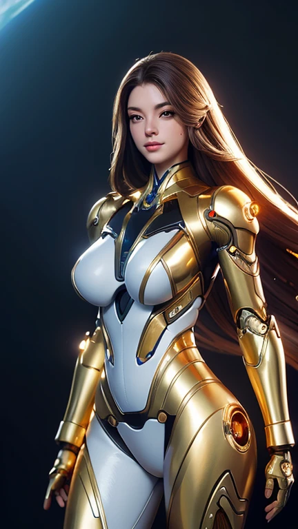 medium long body shot of beautiful cyborg girl in shiny gold armor suit, flowing hair ,beautiful cyborg girl pinup, cute cyborg girl, hyperrealistic fantasy art,  beautiful white girl cyborg, broken beautiful female android, sci-fi fantasy art, detailed sci-fi art, Atmosphere sci-fi movies background