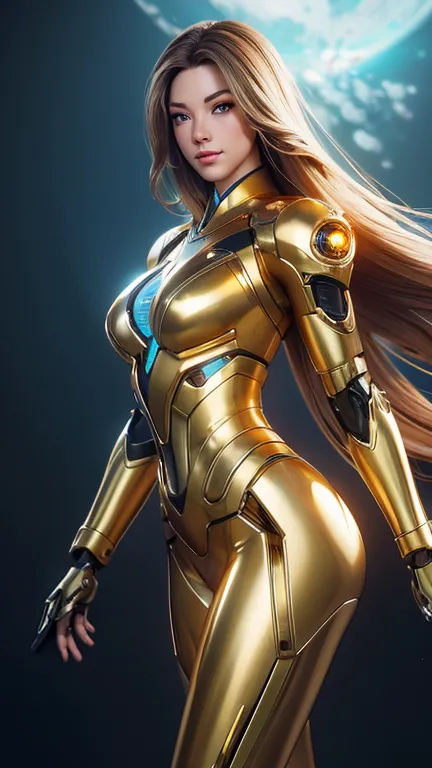 medium long body shot of beautiful cyborg girl in shiny gold armor suit, flowing hair ,beautiful cyborg girl pinup, cute cyborg ...