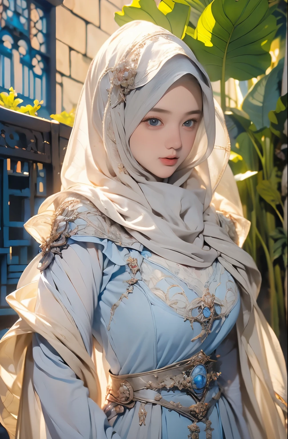 wearing a hijab  , blue eye, blond hair, around 17 years old, (golden silver hijab), tmasterpiece，Best quality at best，A high resolution，8K，((Portrait))，(upper body)，Original photo，real photograph，digital photography，(Female princess in the medieval fantasy style)，(Medieval princess in fantasy style), sexy princess ，blue eye， super colossal brest, round colossal breast extravagant ornament，cparted lips，Keep your mouth shuegant and charming，((Blushing))，virgin contempt，Calm and handsome，(Medieval fantasy dress，The Beautiful super huge round breast, small waist, perfect colossal breast of princess body, a blue delicate pattern，red Cloak)，(princes medieval character medieval fantasy style，oc render reflection texture, sexy style,  sexy colossal breast , medieval castle background, slim body, very small waist, 