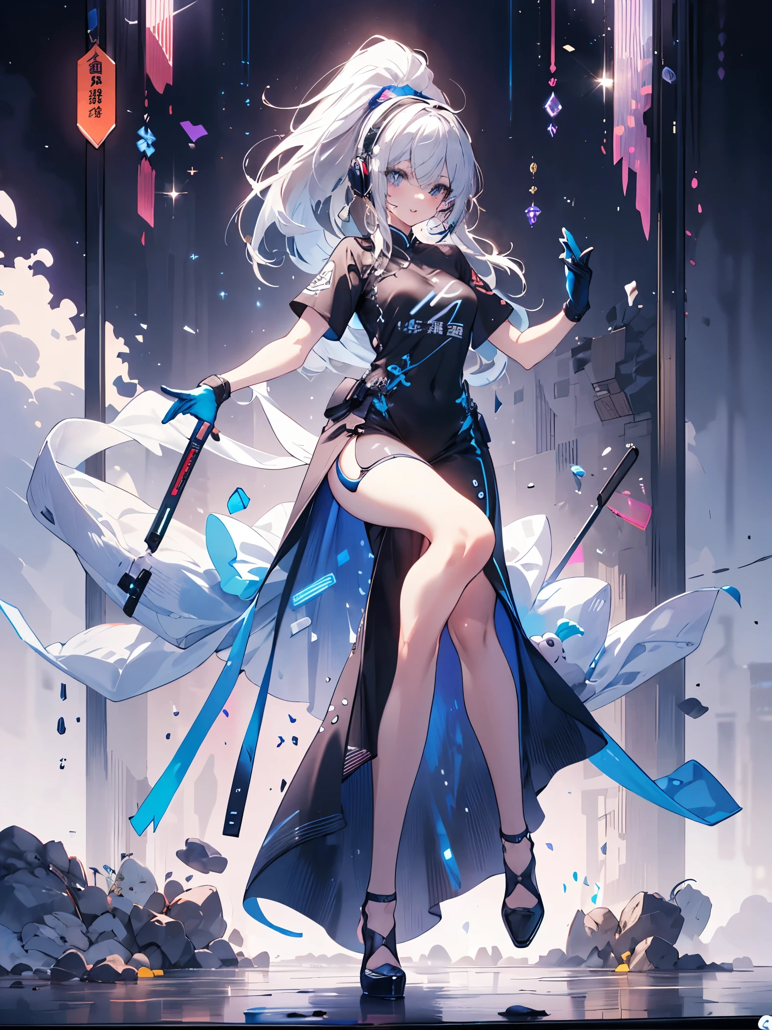 earphone，Headset，Sportswear，Long hair，Girl，blue eyes，White头发，Sleeved gloves，Hand Silk，White，Long hair马尾，High heel，good quality, absurd, Super detailed, holographic,, Dynamic poses, Golden Ratio, 超级Lovely女孩, Mature girl, extremely beautiful,，With super beautiful purple eyes, Super beautiful white hair, Glowing skin, high ponytail, Good and harmonious , Slender and delicate figure, Perfect body, 穿着White短上衣, Lovely，Full body shot，Long hair，shoes，Black skirt, Short sleeve，Messy hair, Black gloves,,Fade the background,Full body photo of the individual,cartoon，t-shirt，Eyes with highlights，Leg ring