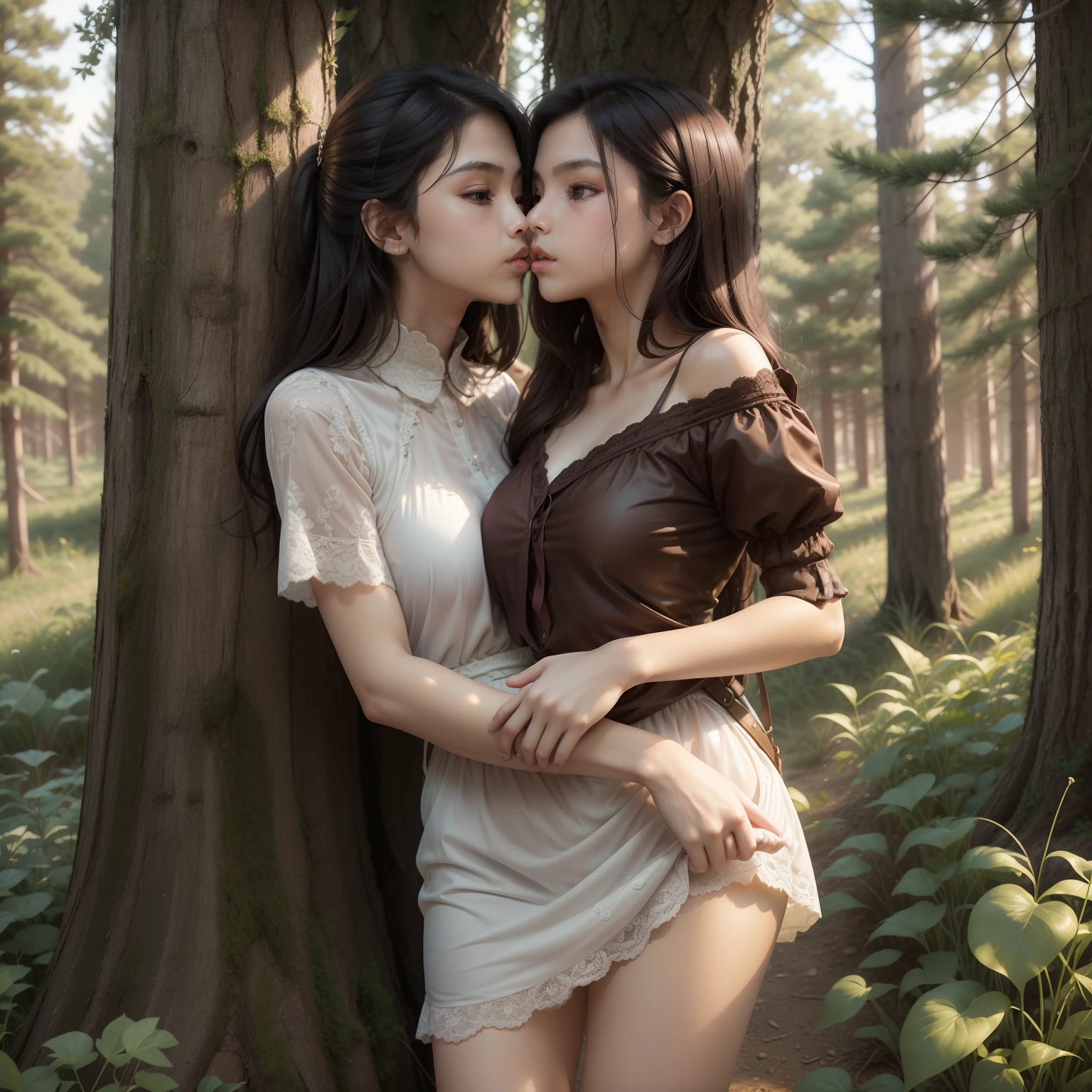 親吻騎士少女抱著公主一起森林雨, (两个头), 全身
